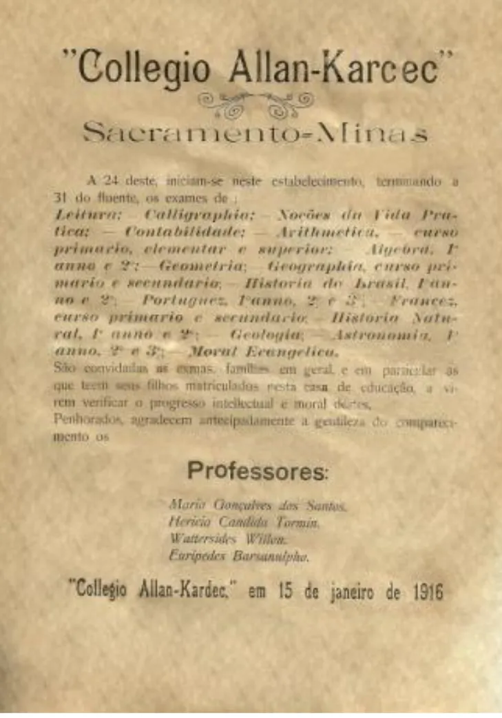 Anúncio antigo de exames do Colégio Allan-Kardec, com a lista de professores, de 15 de janeiro de 1916