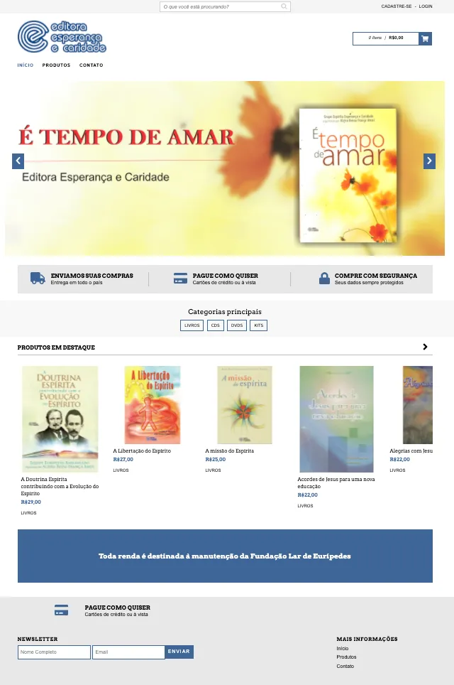 Página inicial da Editora Esperança e Caridade, com o livro É Tempo de Amar em destaque