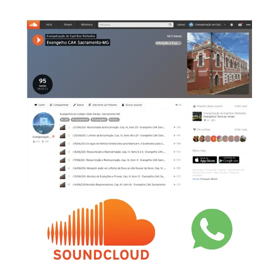 Página do Evangelho do Colégio Allan Kardec no SoundCloud, com os logotipos do SoundCloud e do WhatsApp